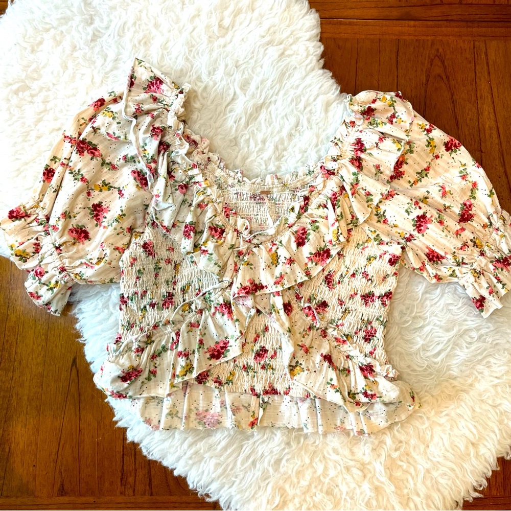 Free People Favorite Girl Tea Party Ivory Floral Ruffled Crop Top Size Large